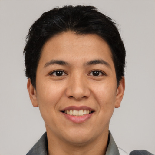 Joyful asian young-adult female with short  black hair and brown eyes