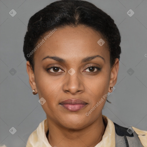 Joyful latino young-adult female with short  brown hair and brown eyes