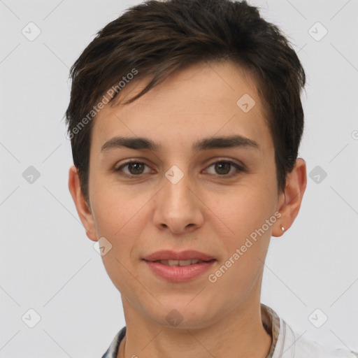 Joyful white young-adult female with short  brown hair and brown eyes