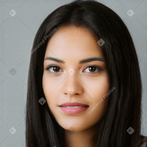 Joyful white young-adult female with long  black hair and brown eyes