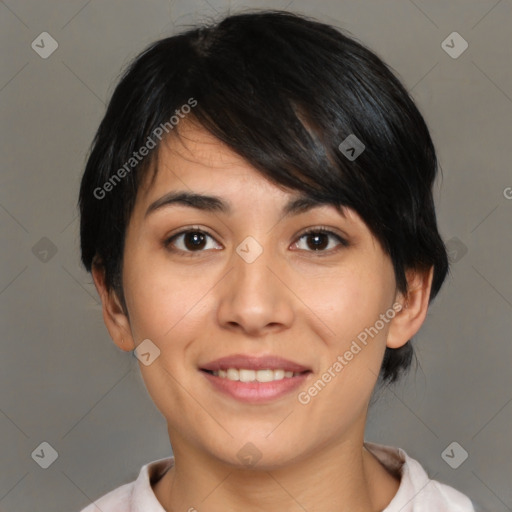 Joyful white young-adult female with medium  brown hair and brown eyes