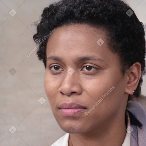 Neutral black young-adult female with short  brown hair and brown eyes