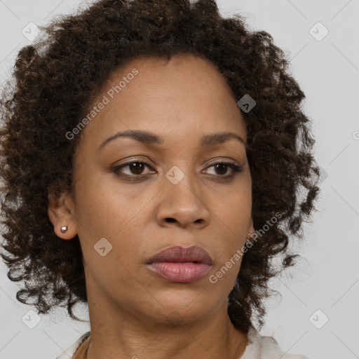 Neutral black adult female with medium  brown hair and brown eyes