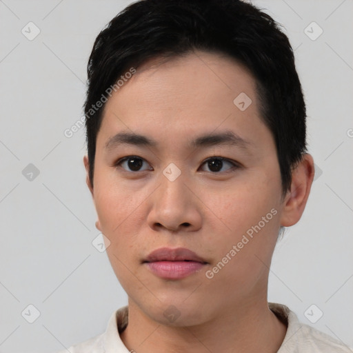 Neutral asian young-adult male with short  black hair and brown eyes