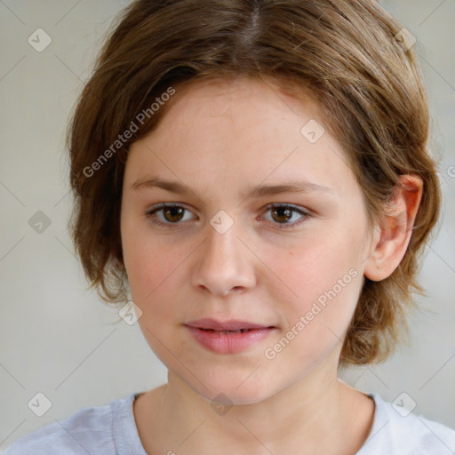 Joyful white child female with medium  brown hair and brown eyes