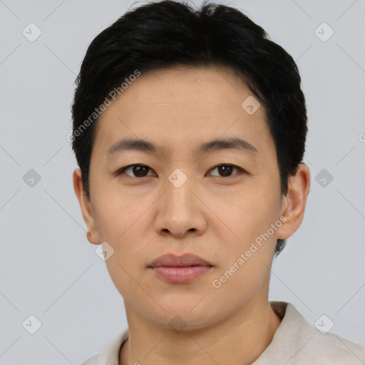 Neutral asian young-adult male with short  black hair and brown eyes