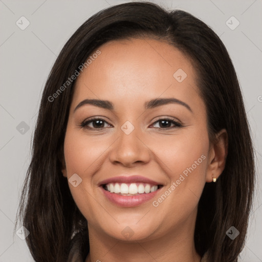 Joyful white young-adult female with long  brown hair and brown eyes