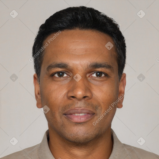 Neutral black young-adult male with short  black hair and brown eyes
