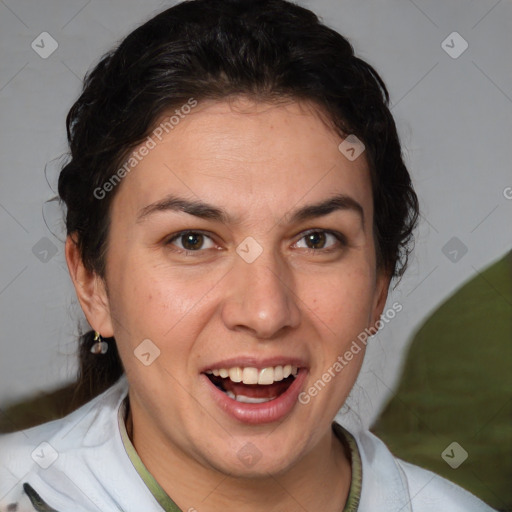 Joyful white adult female with medium  brown hair and brown eyes