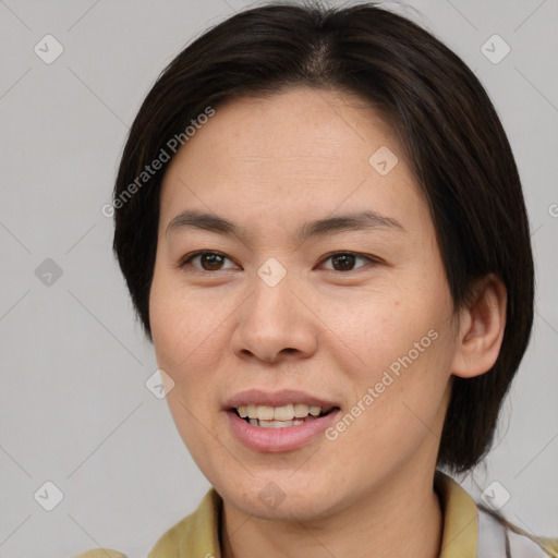 Joyful white young-adult female with medium  brown hair and brown eyes