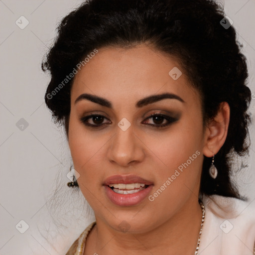 Joyful latino young-adult female with long  brown hair and brown eyes