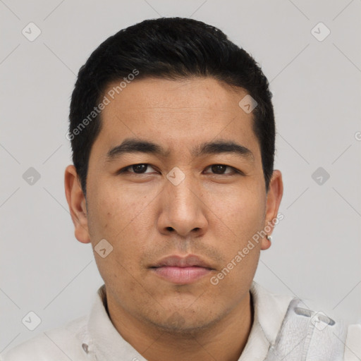 Neutral asian young-adult male with short  black hair and brown eyes