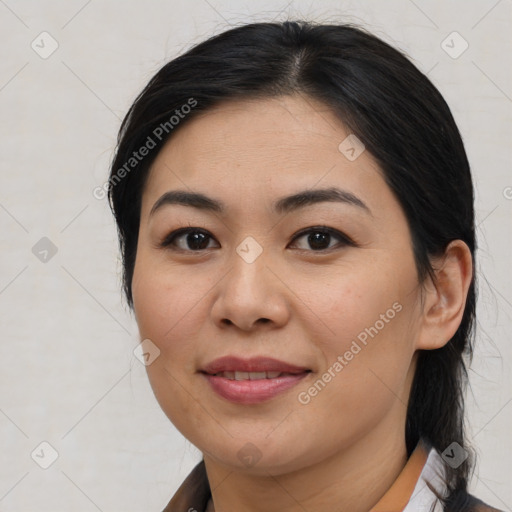 Joyful asian young-adult female with medium  brown hair and brown eyes