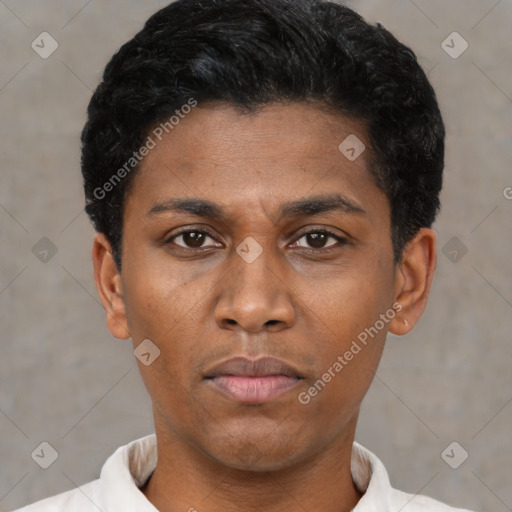 Neutral latino young-adult male with short  black hair and brown eyes