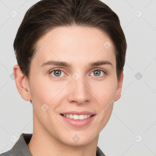 Joyful white young-adult female with short  brown hair and grey eyes