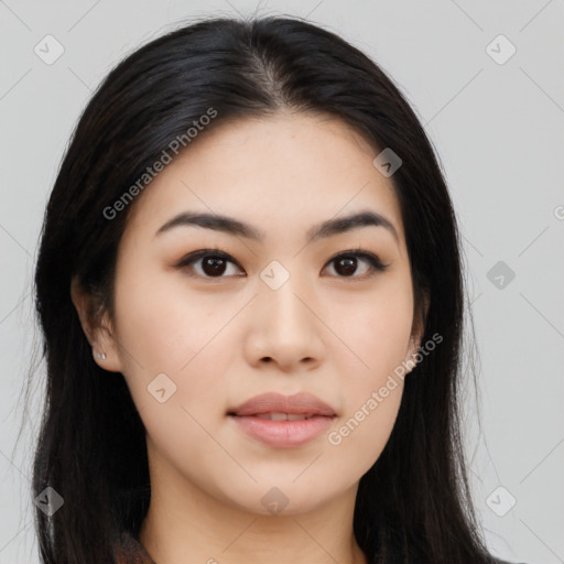 Neutral asian young-adult female with long  black hair and brown eyes