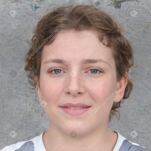 Joyful white young-adult female with medium  brown hair and blue eyes