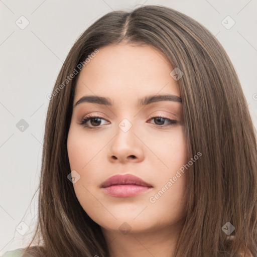 Neutral white young-adult female with long  brown hair and brown eyes