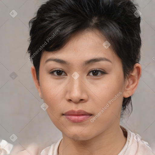 Neutral asian young-adult female with medium  brown hair and brown eyes