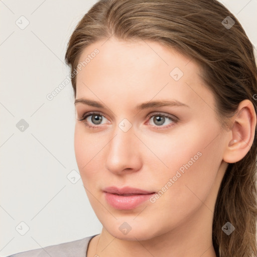 Neutral white young-adult female with long  brown hair and grey eyes