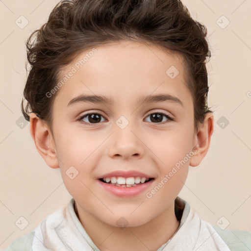 Joyful white child female with short  brown hair and brown eyes