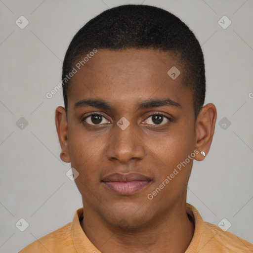 Neutral black young-adult male with short  brown hair and brown eyes