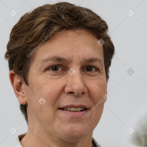 Joyful white adult female with short  brown hair and brown eyes