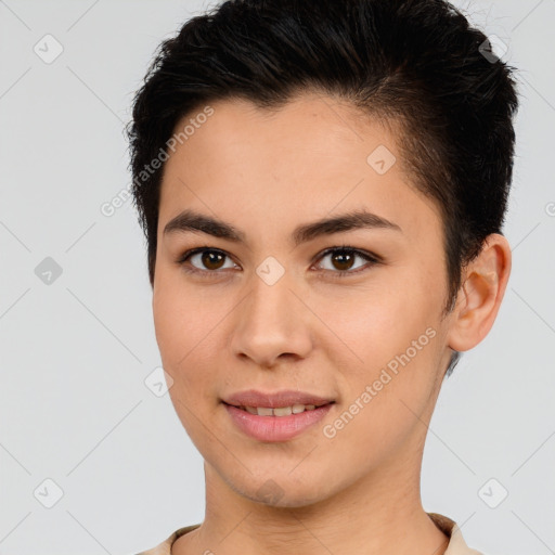 Joyful white young-adult female with short  brown hair and brown eyes