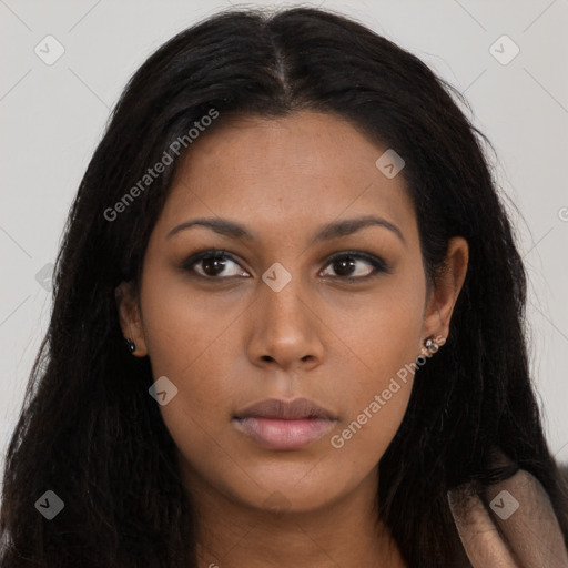 Neutral asian young-adult female with long  brown hair and brown eyes