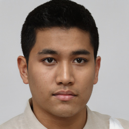 Neutral asian young-adult male with short  black hair and brown eyes