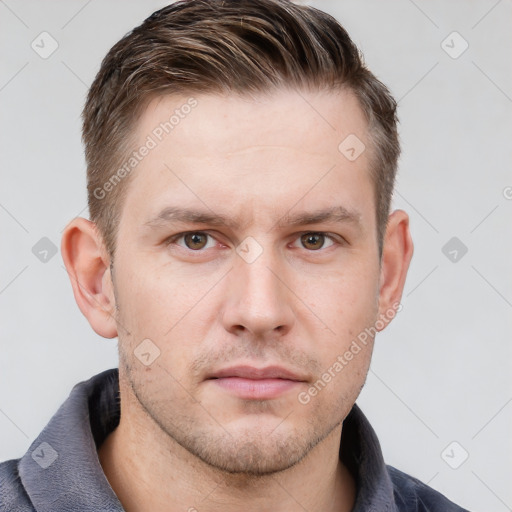 Neutral white young-adult male with short  brown hair and grey eyes