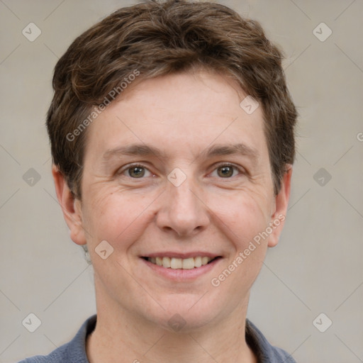 Joyful white adult male with short  brown hair and grey eyes