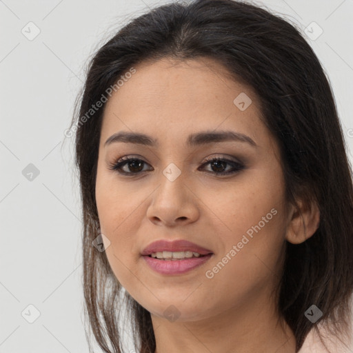 Joyful asian young-adult female with long  brown hair and brown eyes