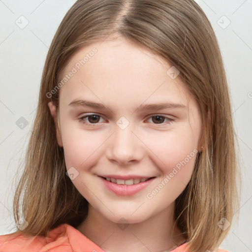 Joyful white child female with medium  brown hair and brown eyes