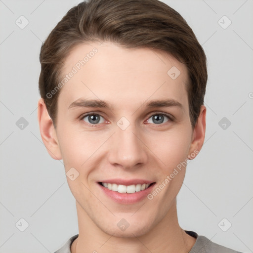 Joyful white young-adult female with short  brown hair and grey eyes