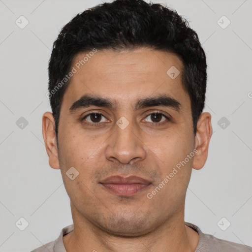 Neutral latino young-adult male with short  black hair and brown eyes