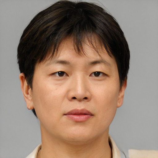 Neutral asian adult female with short  brown hair and brown eyes