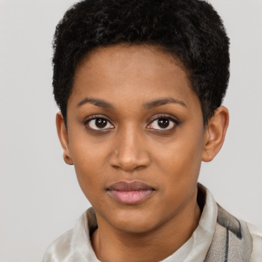 Neutral black young-adult female with short  black hair and brown eyes