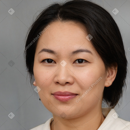 Joyful white young-adult female with medium  brown hair and brown eyes