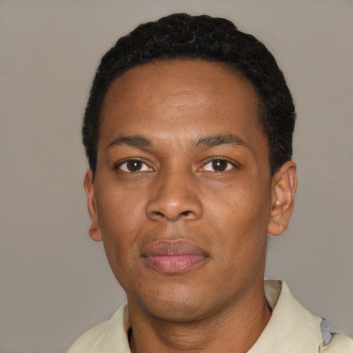 Neutral black young-adult male with short  black hair and brown eyes