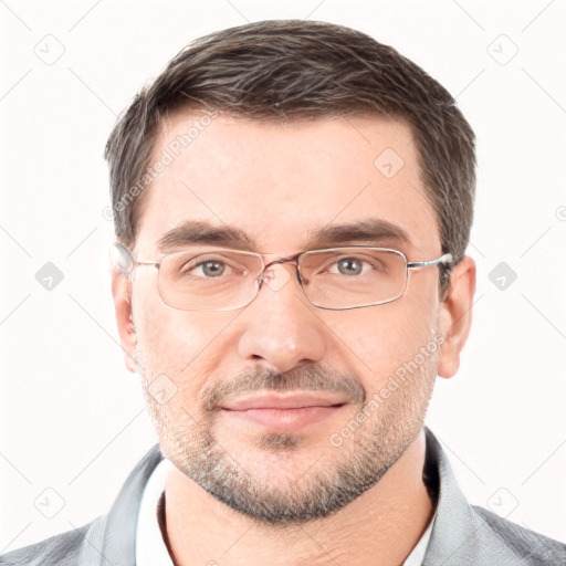 Neutral white adult male with short  brown hair and brown eyes