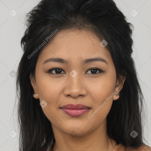 Joyful asian young-adult female with long  brown hair and brown eyes