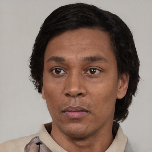 Neutral black adult male with short  black hair and brown eyes
