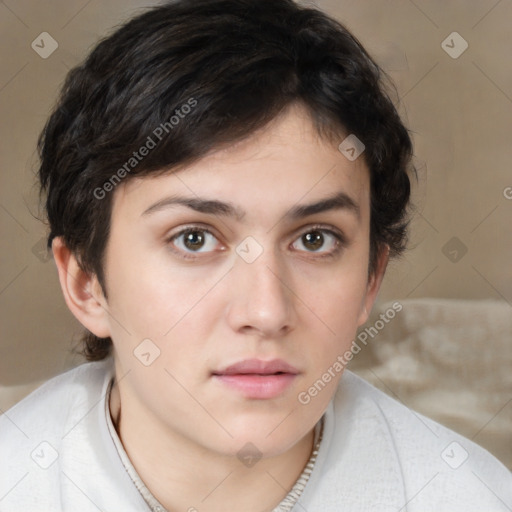 Neutral white young-adult female with medium  brown hair and brown eyes