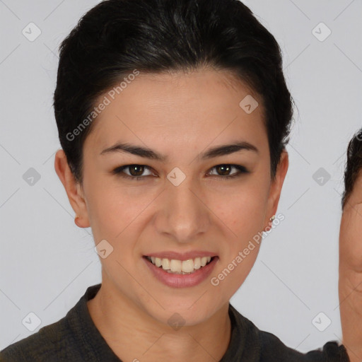 Joyful white young-adult female with short  brown hair and brown eyes