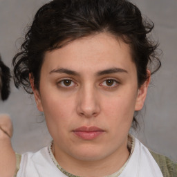 Neutral white young-adult female with short  brown hair and brown eyes