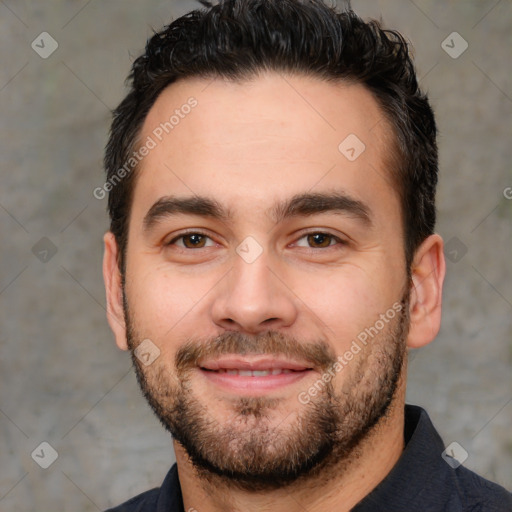 Joyful white young-adult male with short  black hair and brown eyes