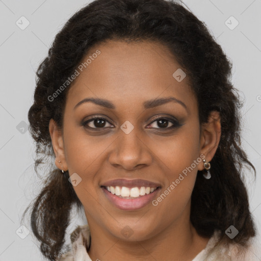 Joyful black young-adult female with medium  brown hair and brown eyes