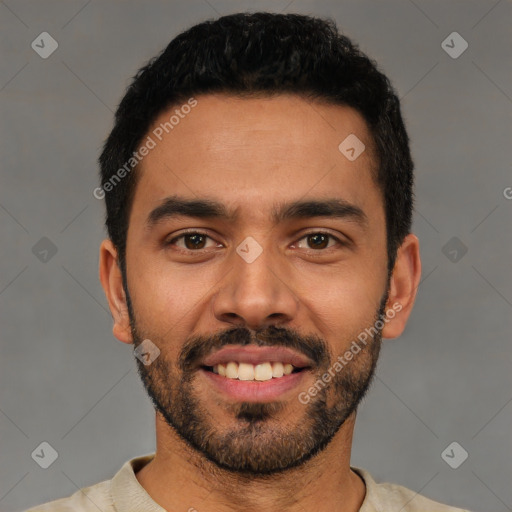 Joyful latino young-adult male with short  black hair and brown eyes