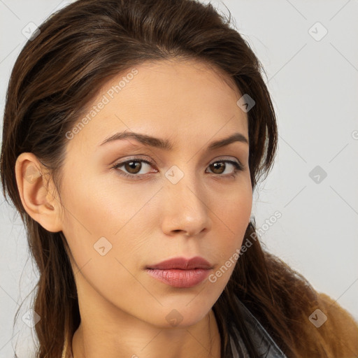 Neutral white young-adult female with long  brown hair and brown eyes